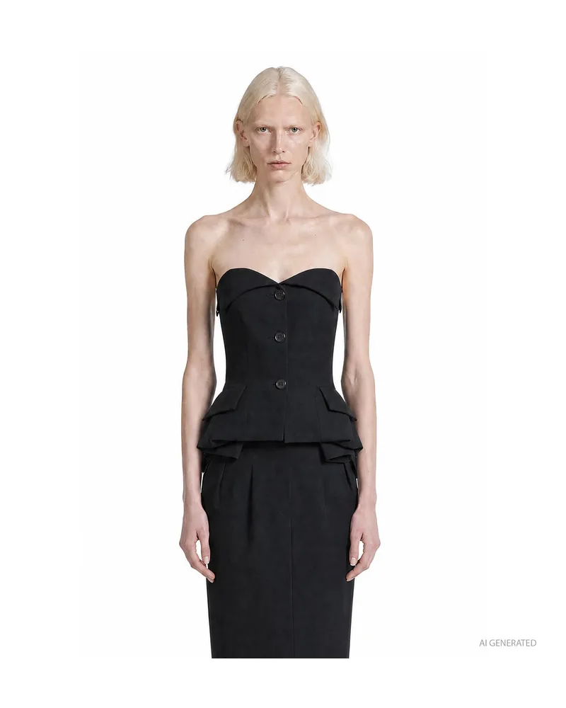 Magda Butrym Strapless Cotton Blouse With Rose Peplum Black