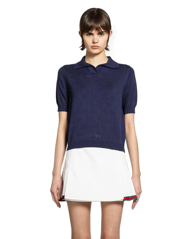 Gucci GG Pointelle Cotton Silk Polo Shirt Blue