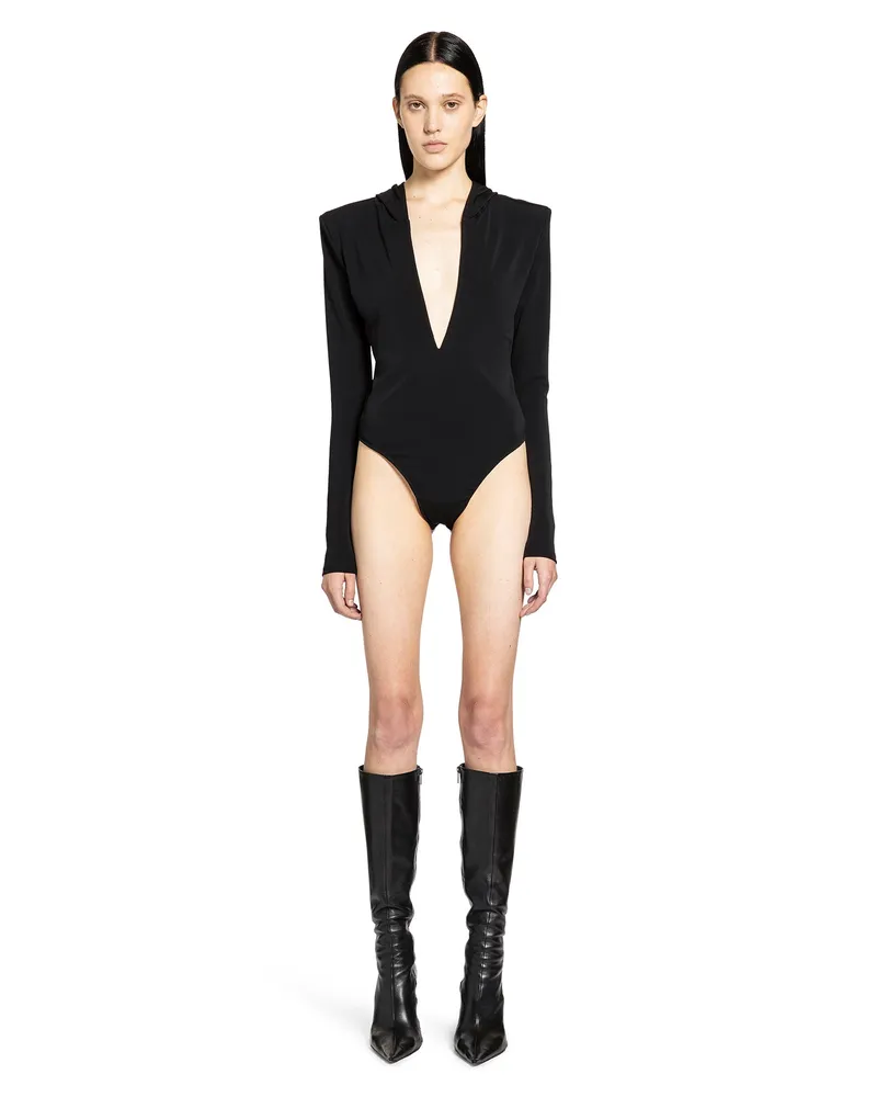 Thierry Mugler Hooded V-Neck Bodysuit Black