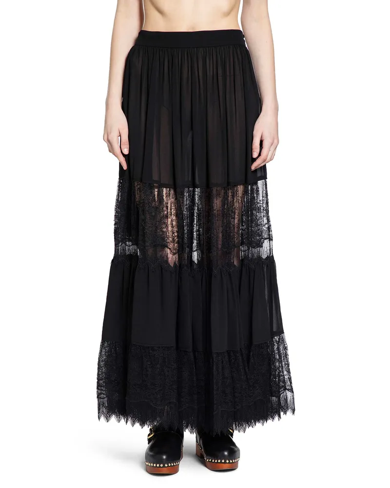 Chloé Tiered Long Skirt in Silk Georgette and Lace Black