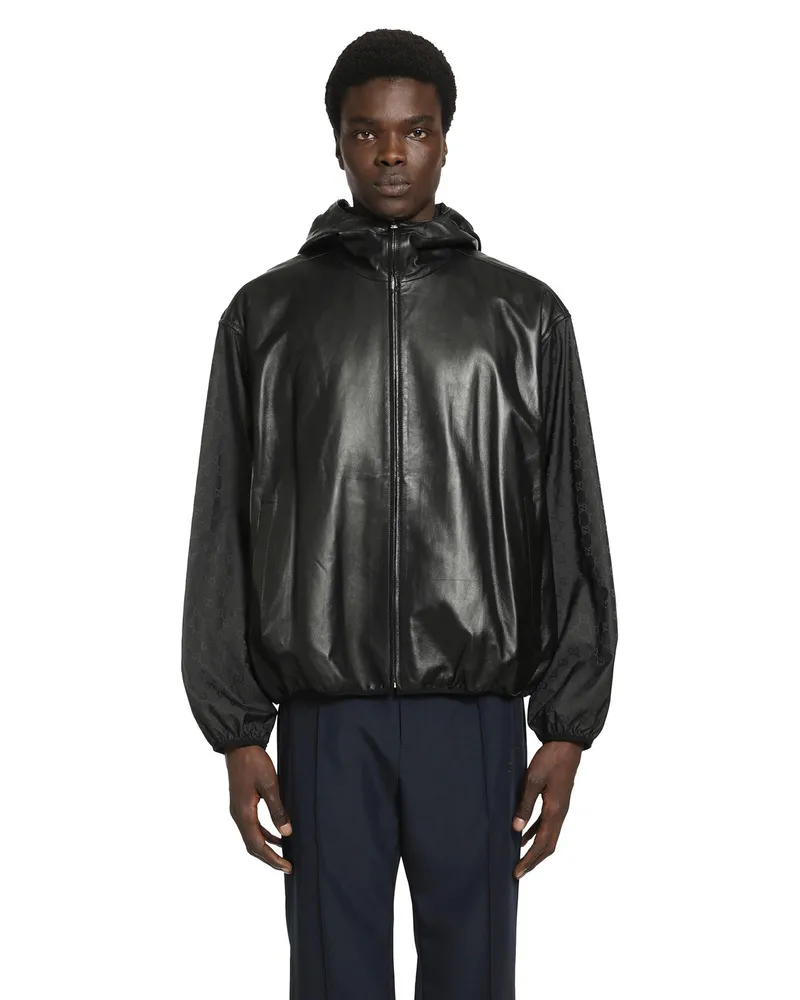 Gucci Hooded Leather Bomber Jacket Black