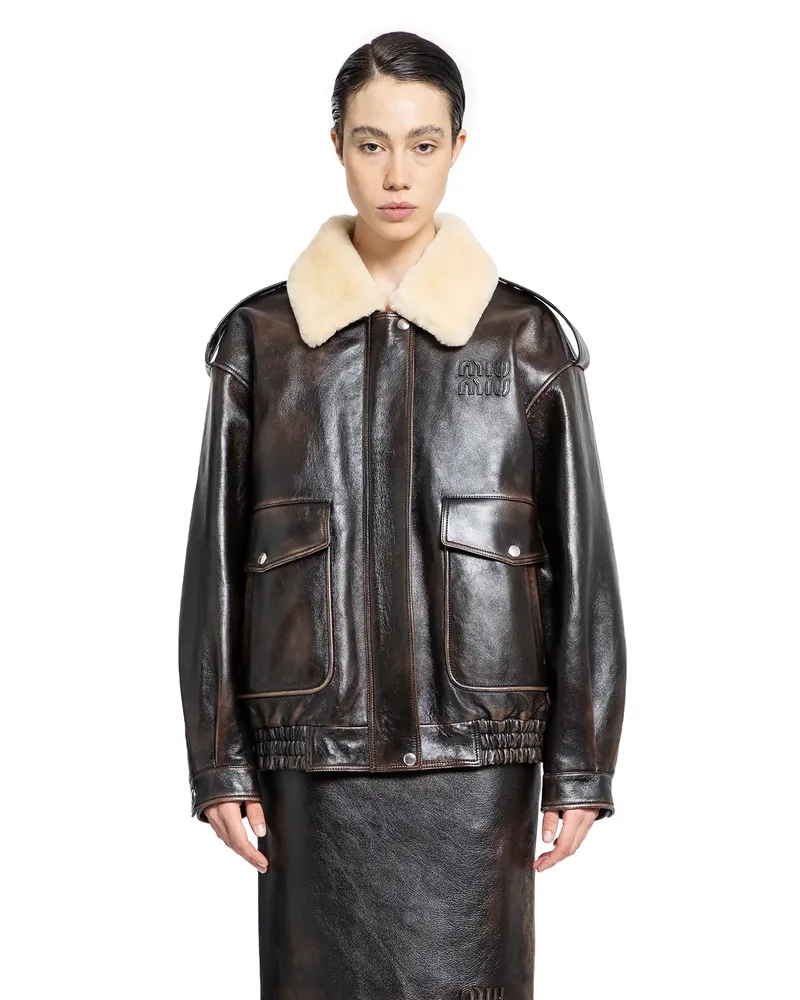 Miu Miu Nappa Leather Bomber Jacket Brown