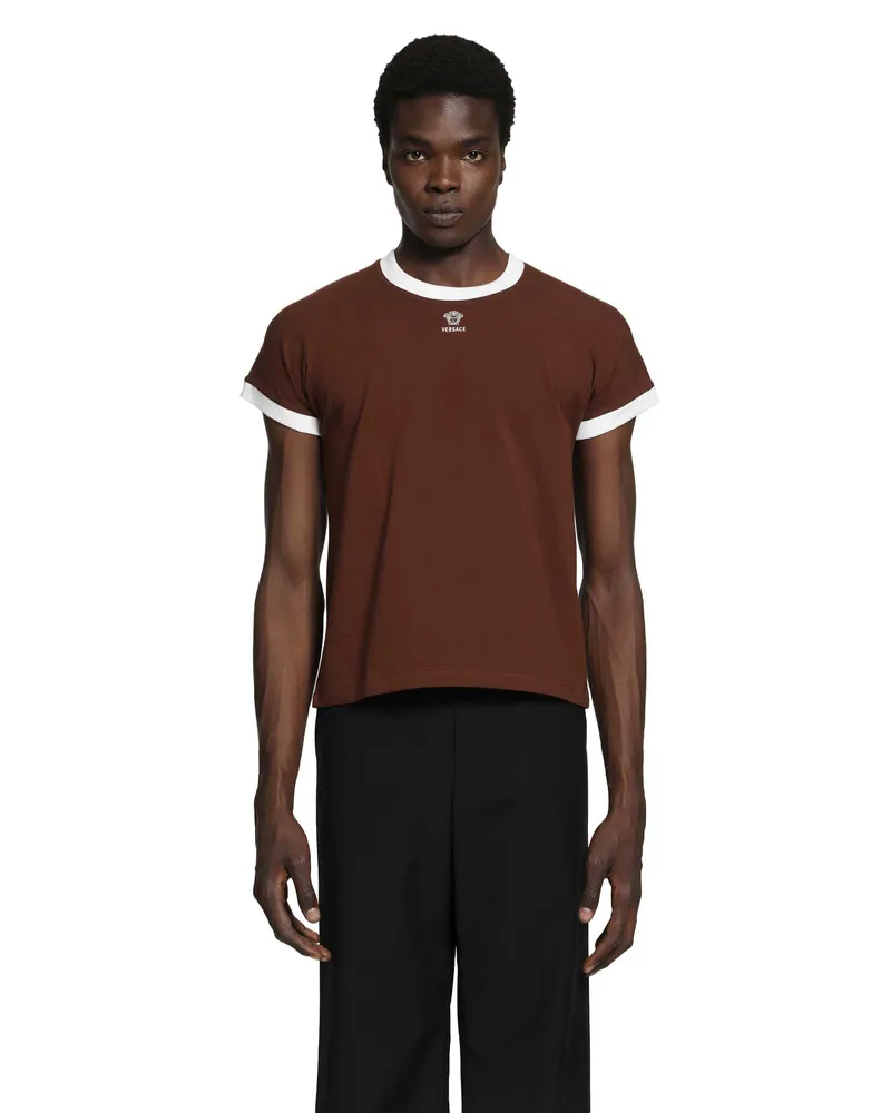 Versace Embroidered-Logo Stretch Jersey T-Shirt Brown