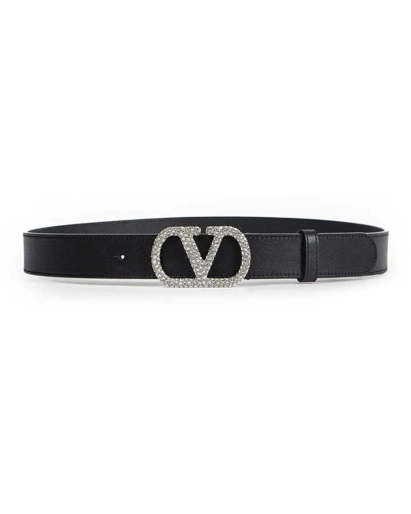 Valentino Garavani Crystal V Logo Leather Belt Black