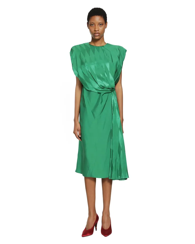 Versace Jacquard Silk Draped Midi Dress Green