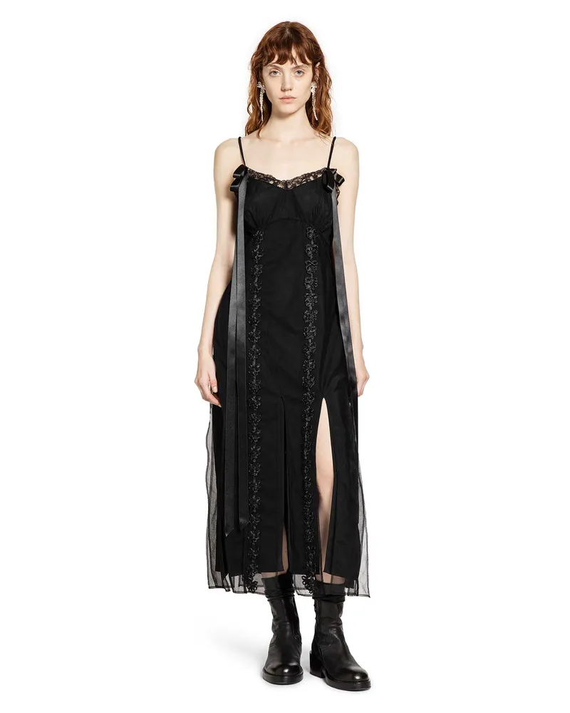 Simone Rocha Layered Ribbon Daisy Chain Multi Slit Dress Black