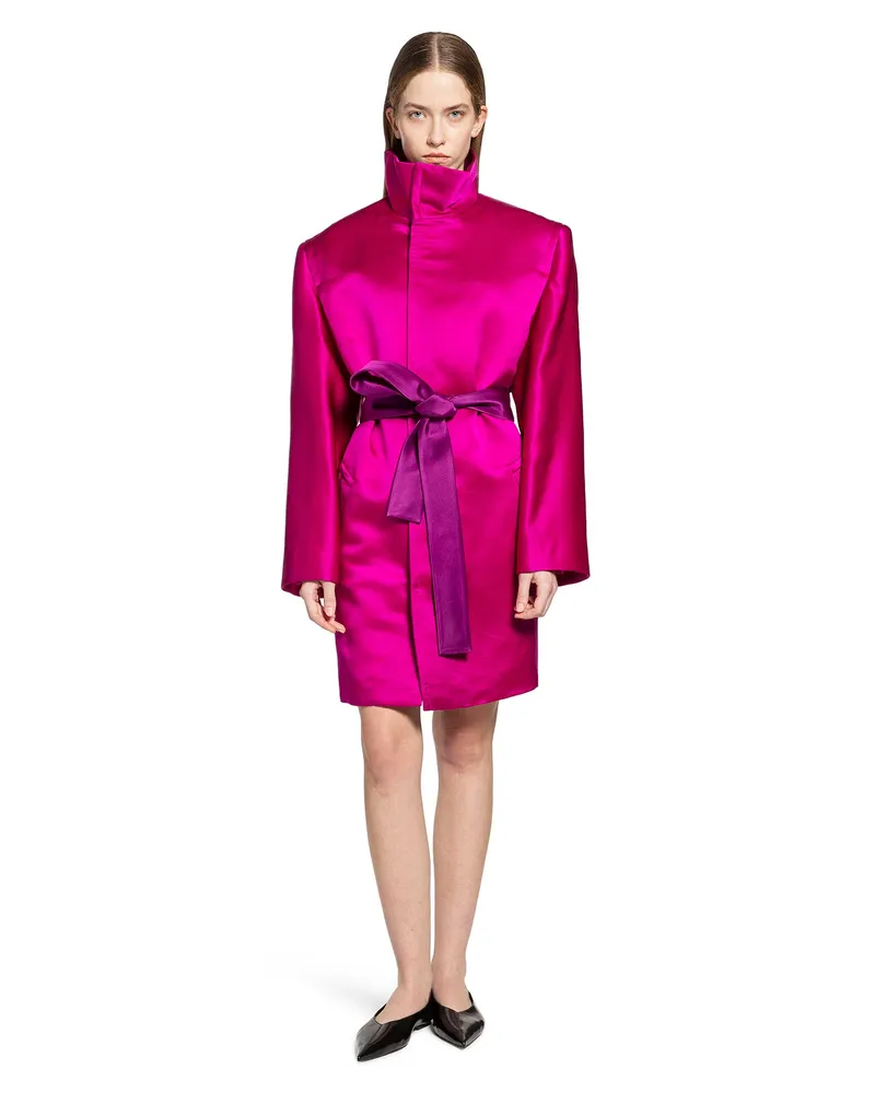 Saint Laurent Boxy Belted Coat in Silk Satin Pink