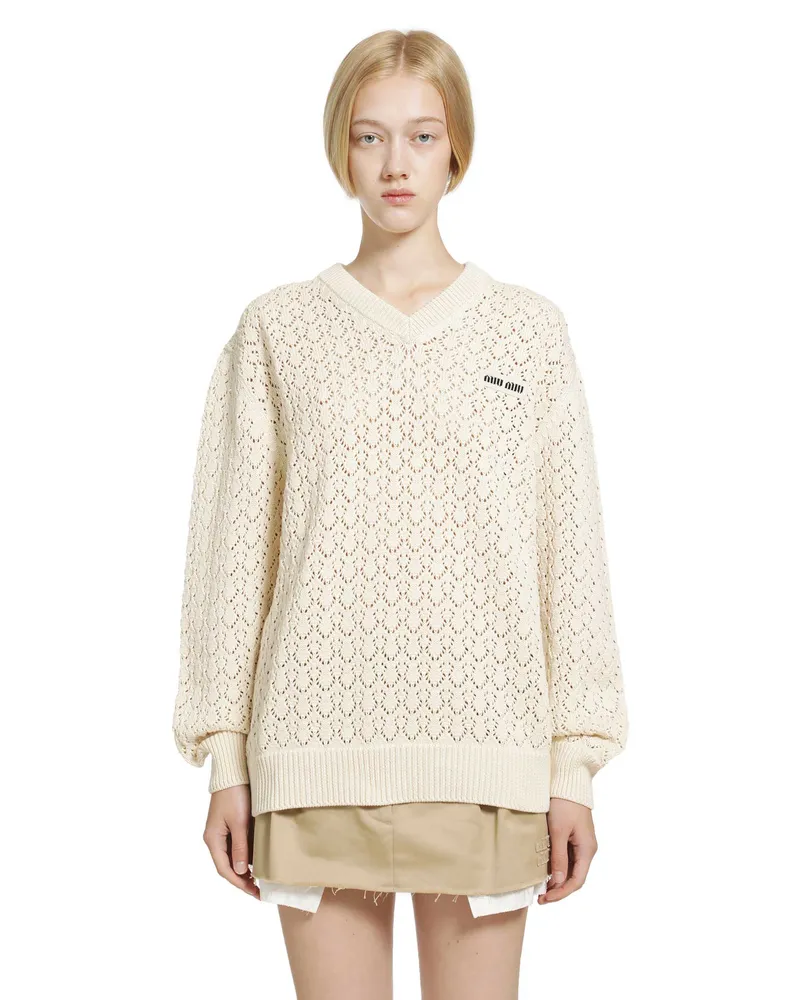 Miu Miu Cotton V-neck Sweater Beige