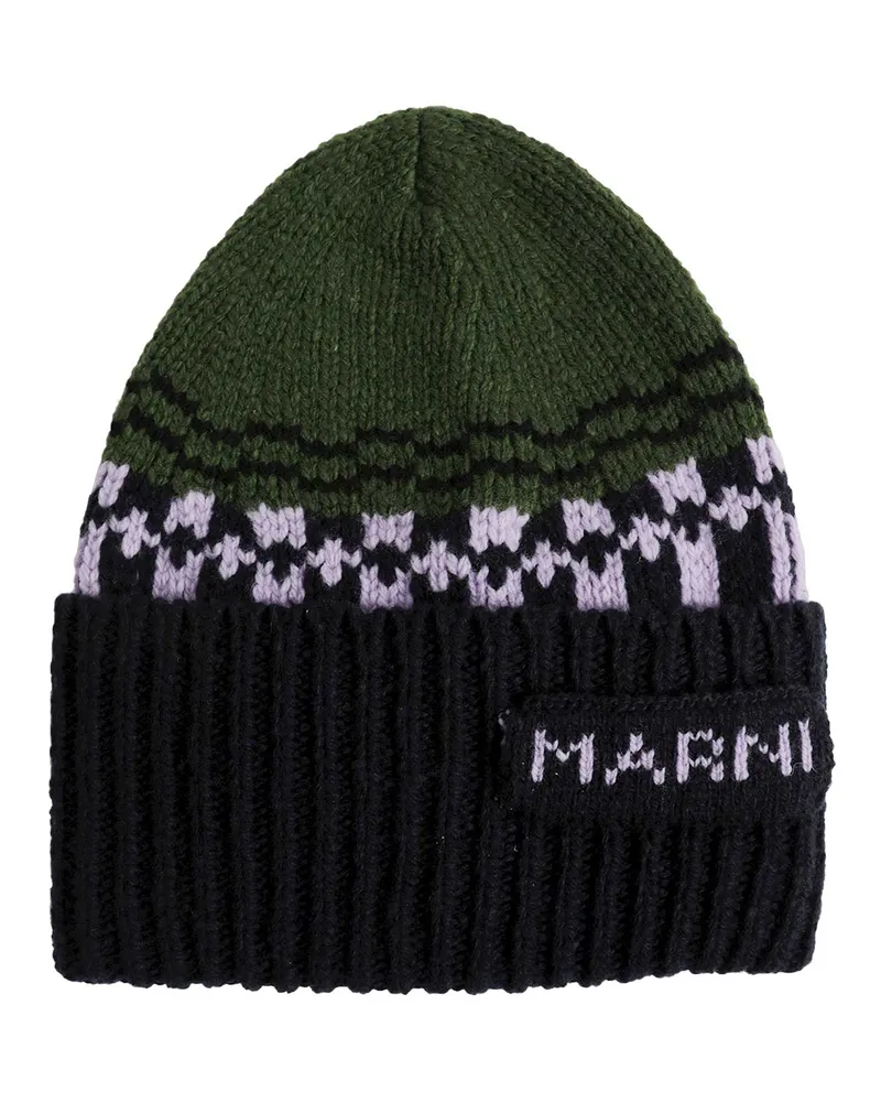 Marni Geometric Motif Wool Beanie Green