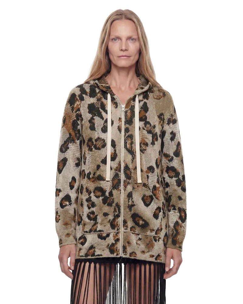 Laneus Leopard Knit Zip-Up Hoodie Beige