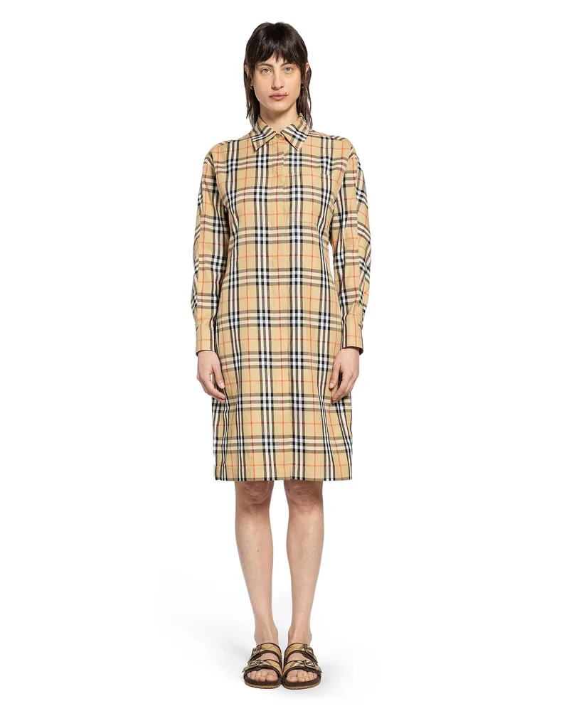 Burberry Check Cotton Shirt Midi Dress Beige