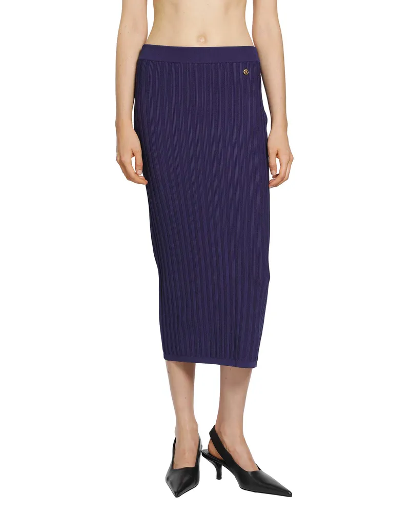 Versace Stretch Viscose Mesh Knit Midi Skirt Purple