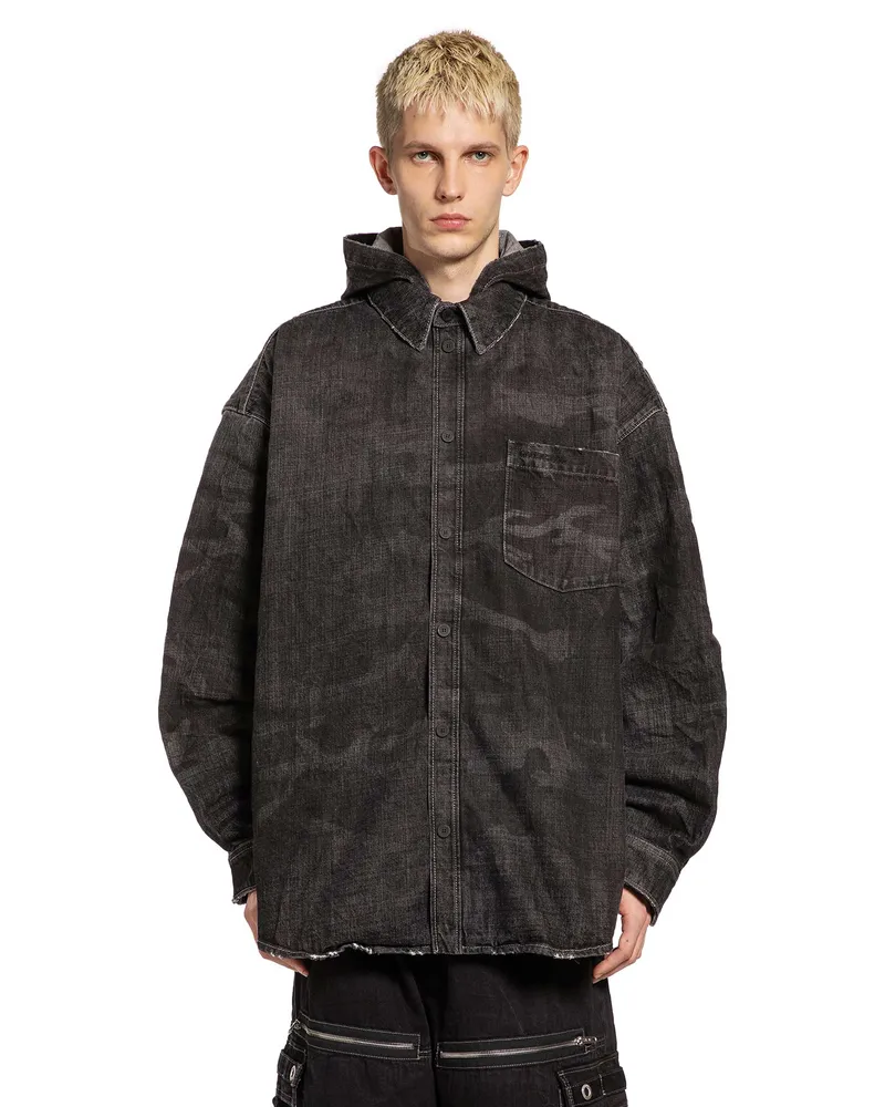 Balenciaga Washed Camo Denim Hooded Shirt Black