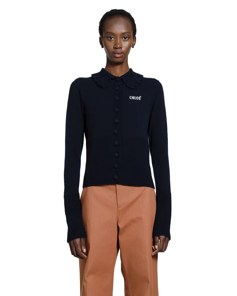 Chloé Logo Embroidered Wool Cardigna Blue