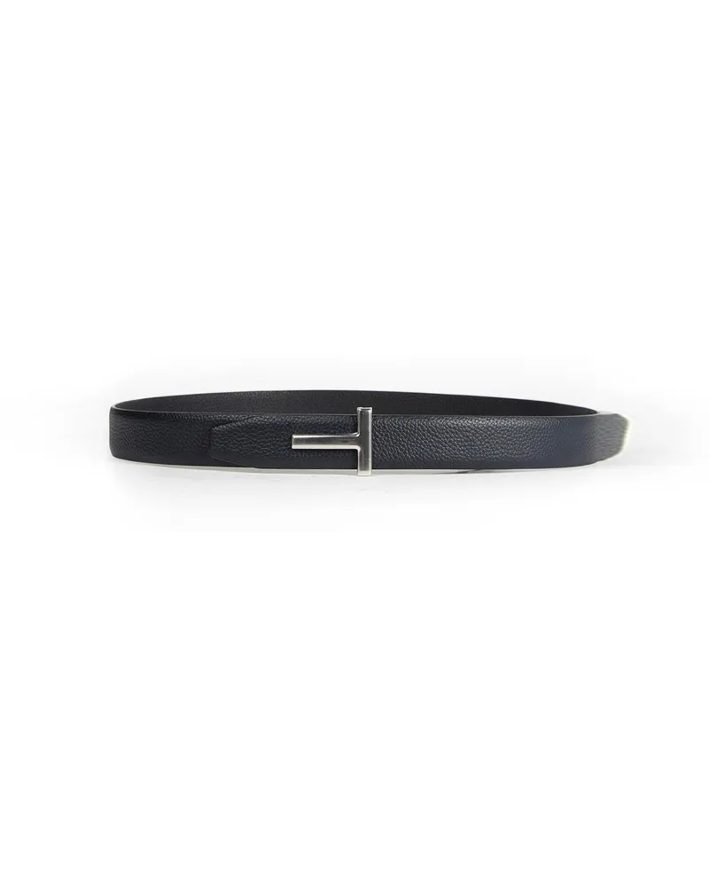 Tom Ford Grain Leather Metal T Reversible Belt Blue