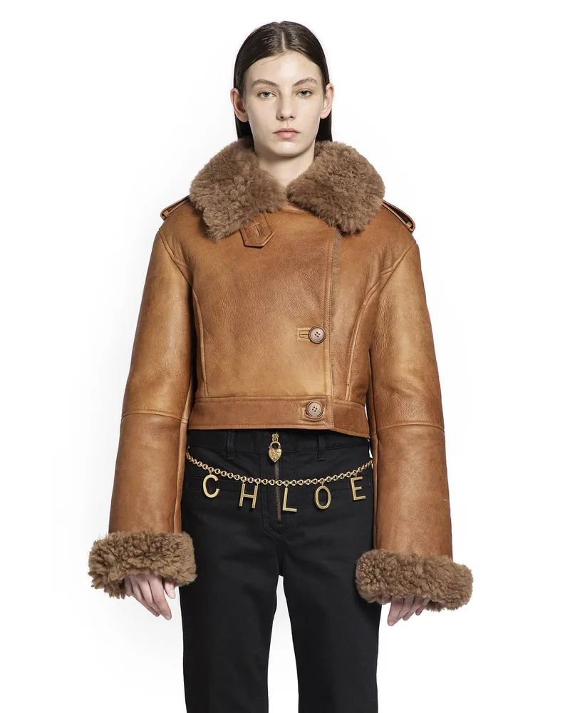 Chloé Cropped Shearling Jacket Brown