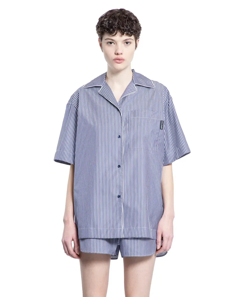 Palm Angels Curved Logo Striped Shirt Blue