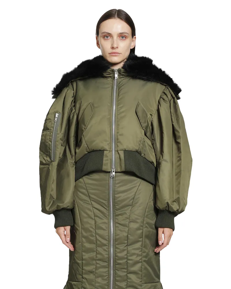 Simone Rocha Cropped Split Faux Fur Hood Bomber Jacket Green