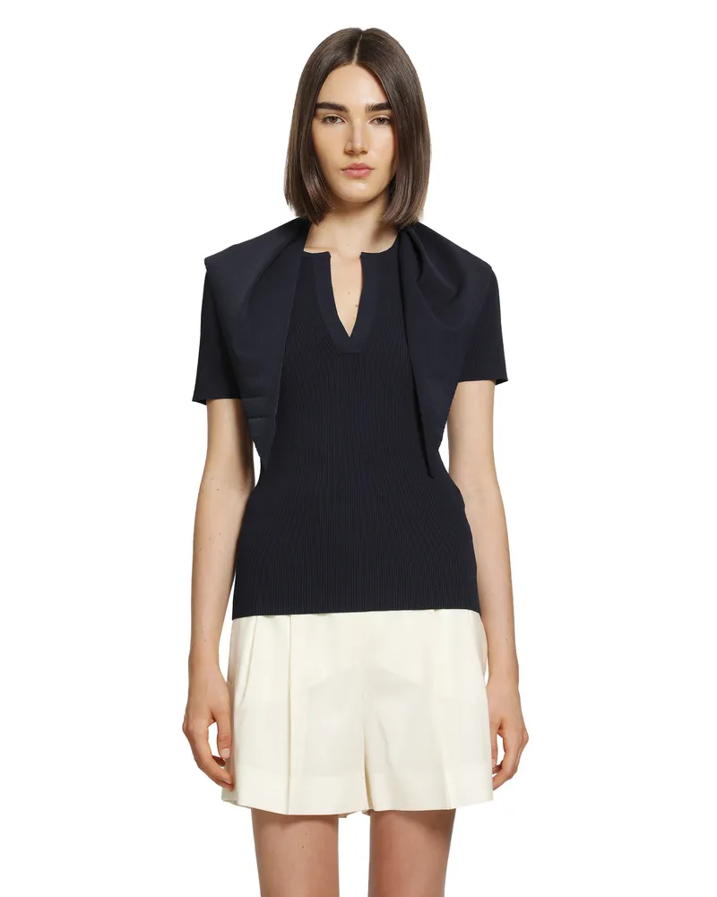 Max Mara Tie-Detailed Ribbed-Knit T-Shirt Blue