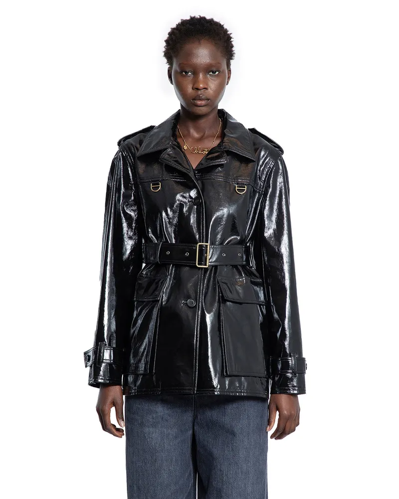 Chloé Belted Jacket in Shiny Coated Cotton Black