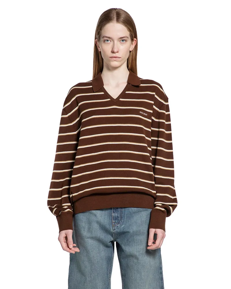 Miu Miu Striped V-Neck Long Sleeve T-Shirt Brown