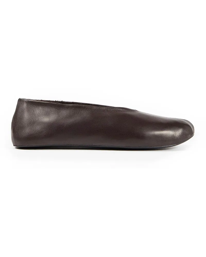 The Row Stella Slippers in Leather and Shearling Brown
