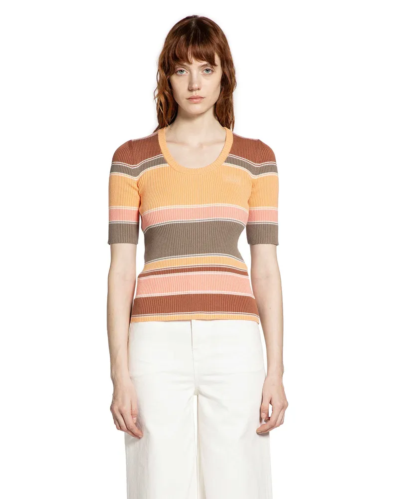 Chloé Striped Ribbed-Knit Top Orange