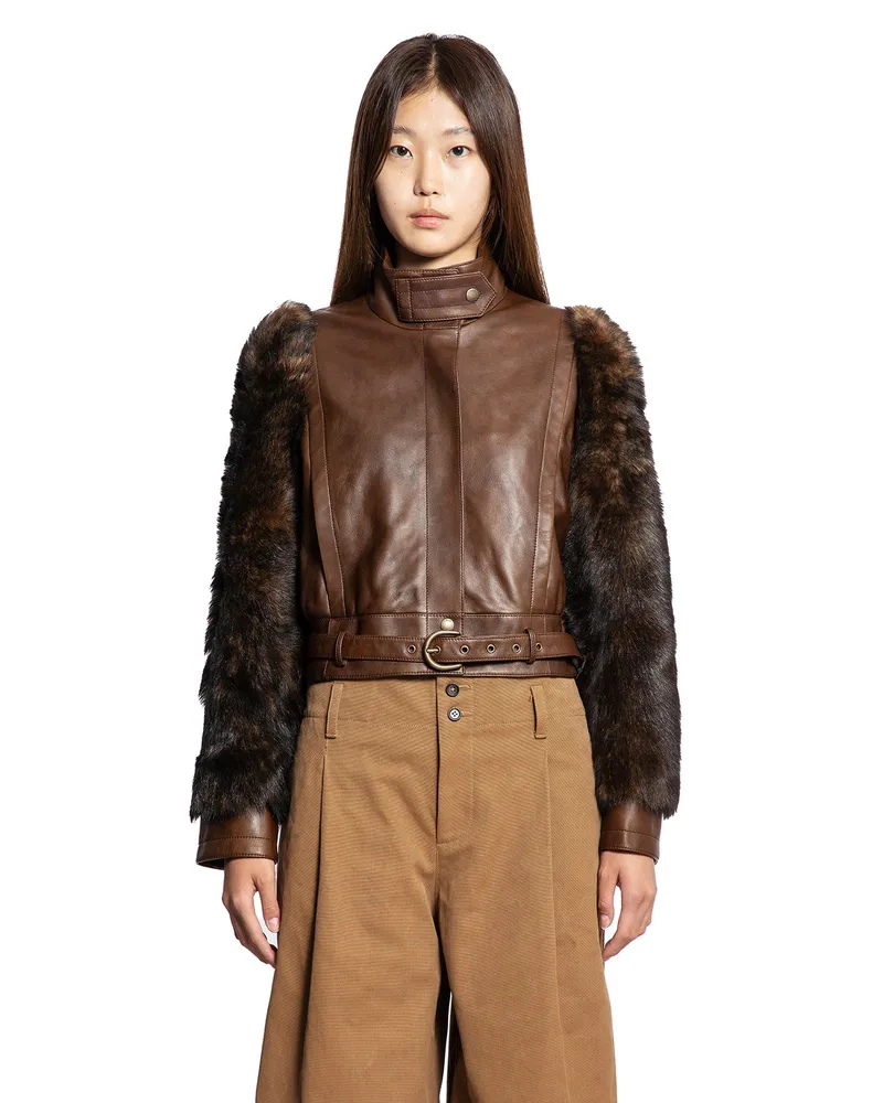Chloé High-Neck Short Jacket in Leather Brown