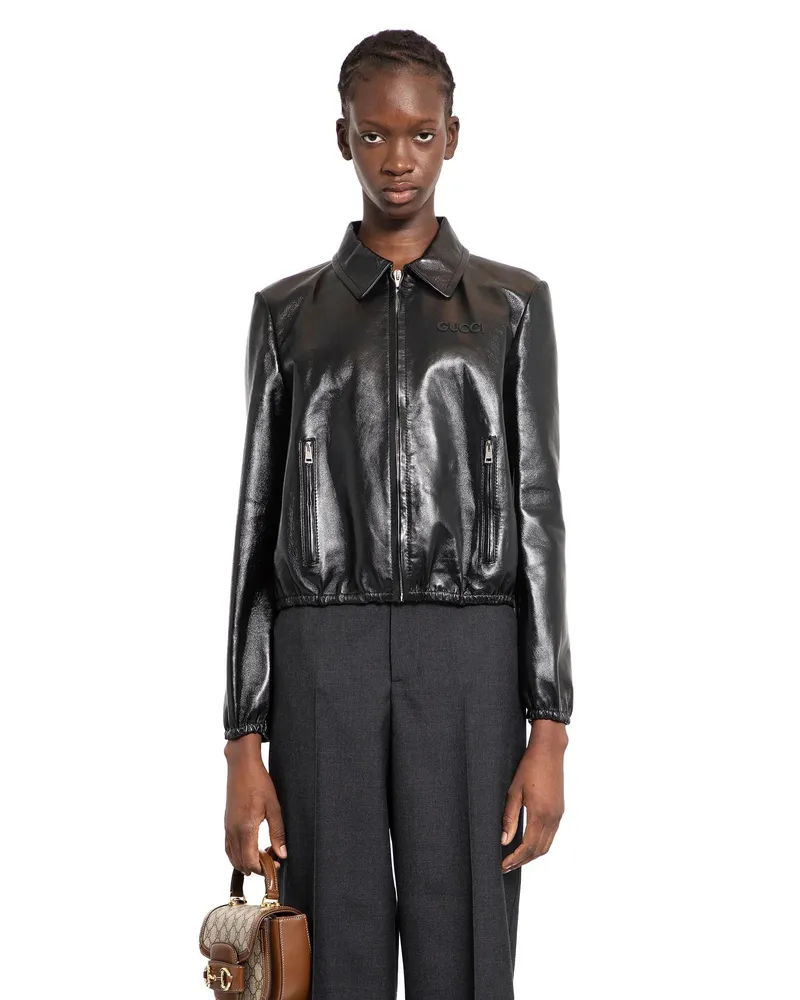 Gucci Short leather bomber jacket Black