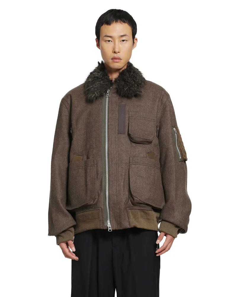 Sacai Wool Melton Blouson Jacket Brown