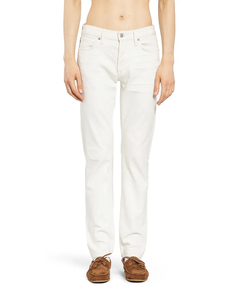 Tom Ford Distressed Straight Leg 5 Pocket Jeans White