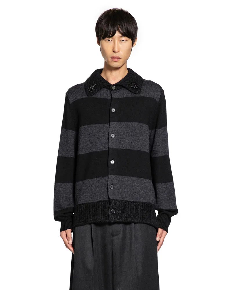 Simone Rocha Embellished Fuzzy Collar Rugby Cardigan Grey