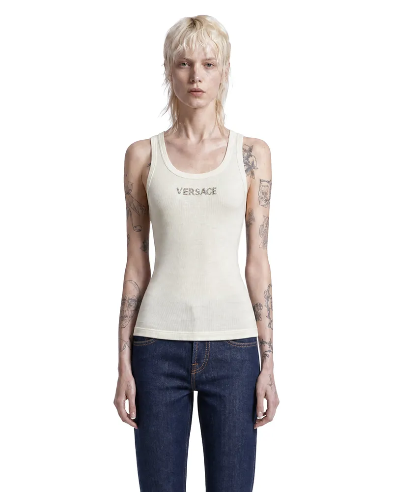 Versace Embroidered Ribbed Wool Top Beige
