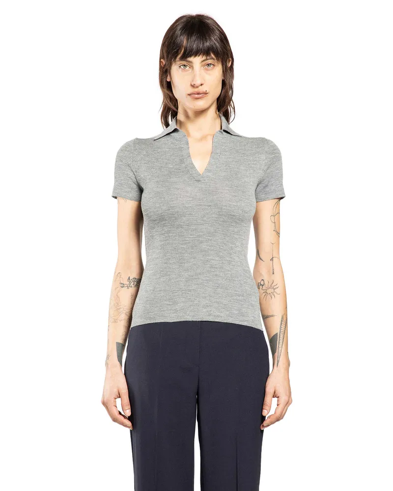 Max Mara Ribbed-Knit Polo Shirt Grey