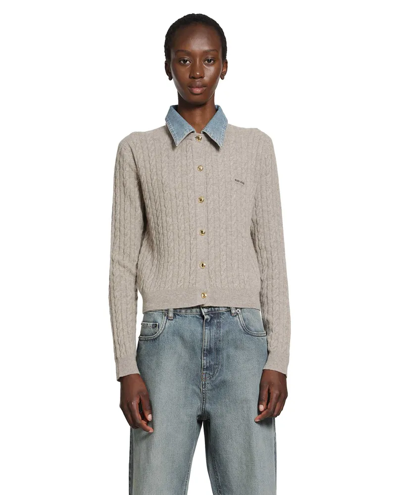 Miu Miu Cable-Knit and Denim Cardigan Beige