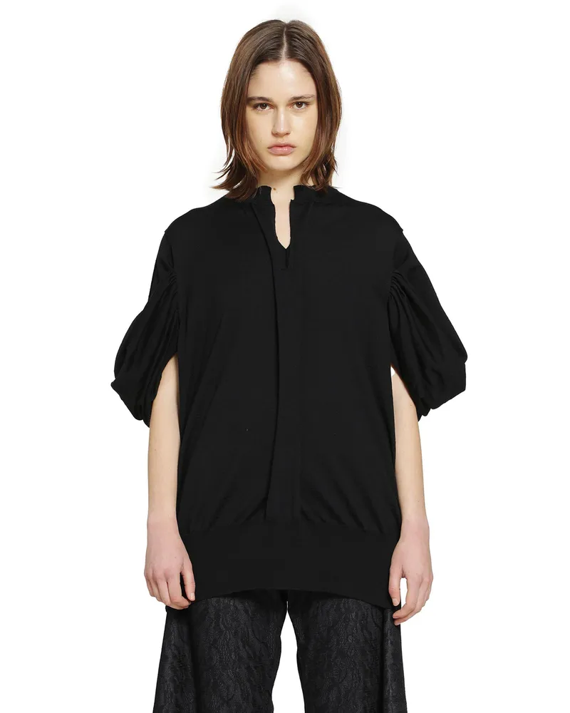 Junya Watanabe V-Neck Wool Sweater with Gathered Sleeves Black