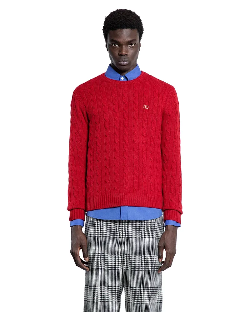 Valentino Garavani VLogo Cashmere Cable Knit Sweater Red