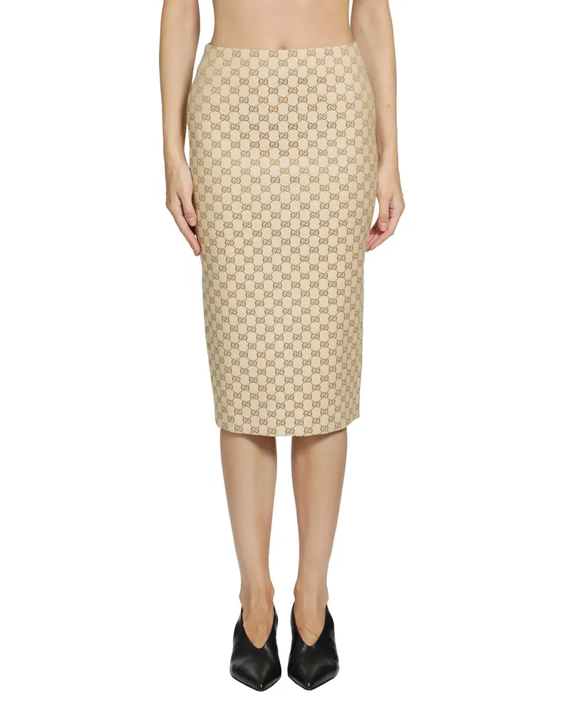 Gucci GG Cotton Canvas Midi Skirt Beige