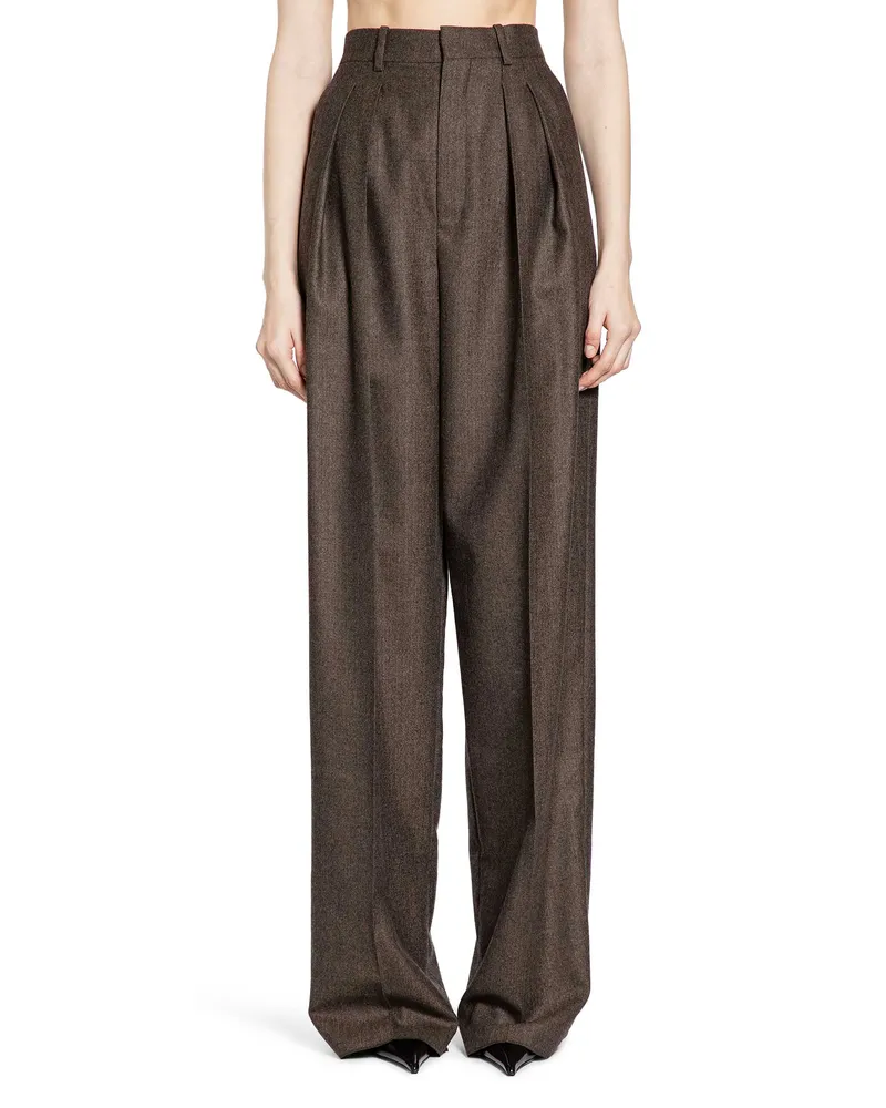 Saint Laurent Wide Leg Pants in Herringbone Wool Brown