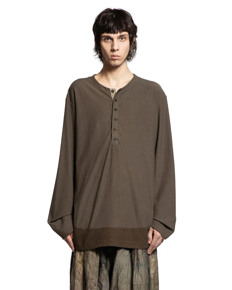 Ziggy Chen Henley Neck Long Sleeve T-Shirt Green