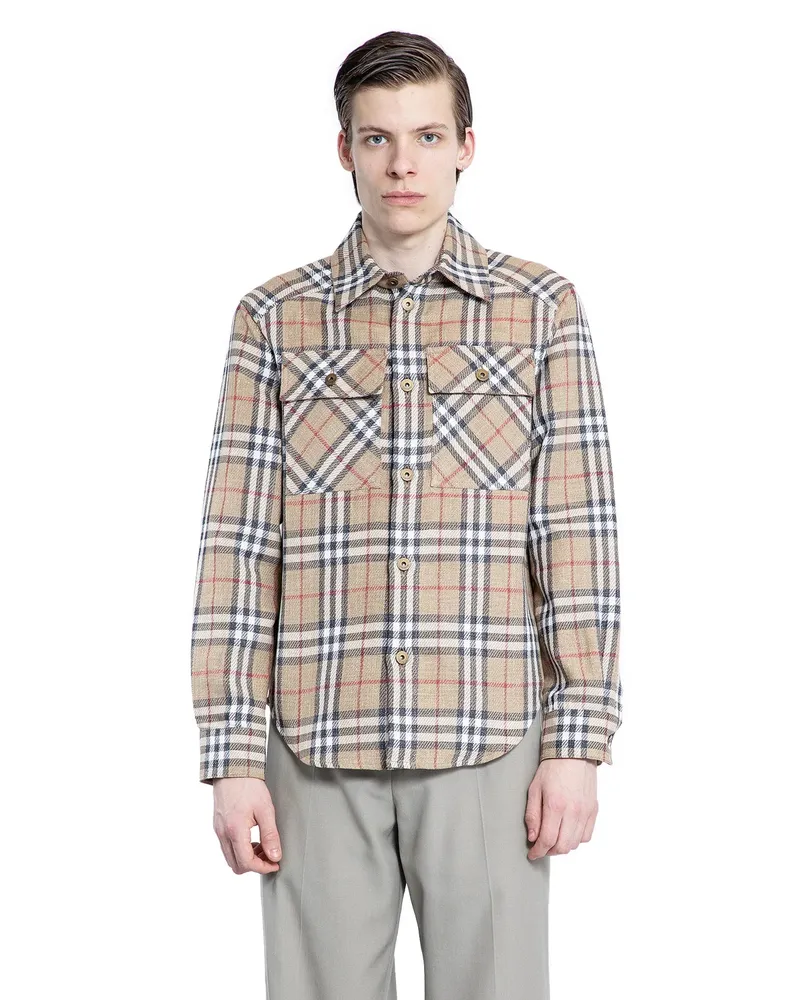 Burberry Oversized Fit Check Cotton Linen Shirt Beige