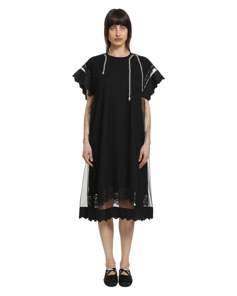 Simone Rocha Layered Liquid lace Trim Smock Dress with Embroidery Black