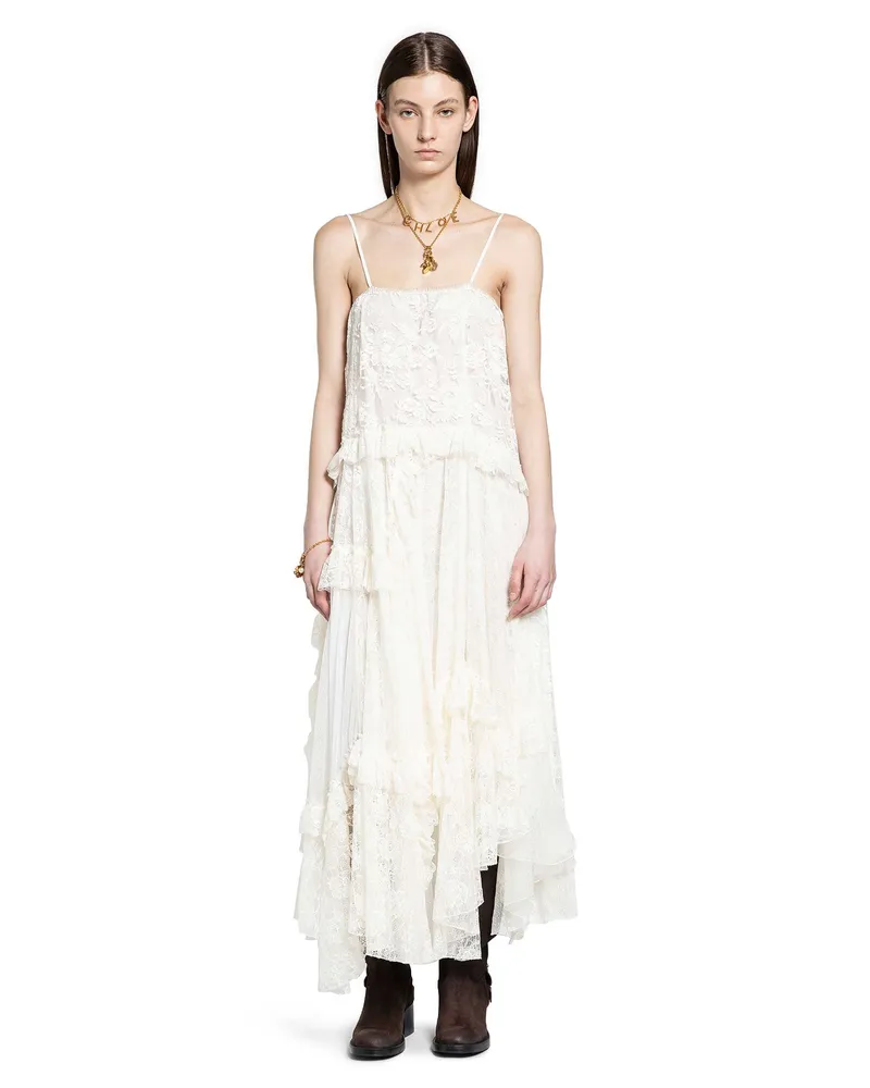 Chloé Thin Strap Long Dress in Embroidered Lace White