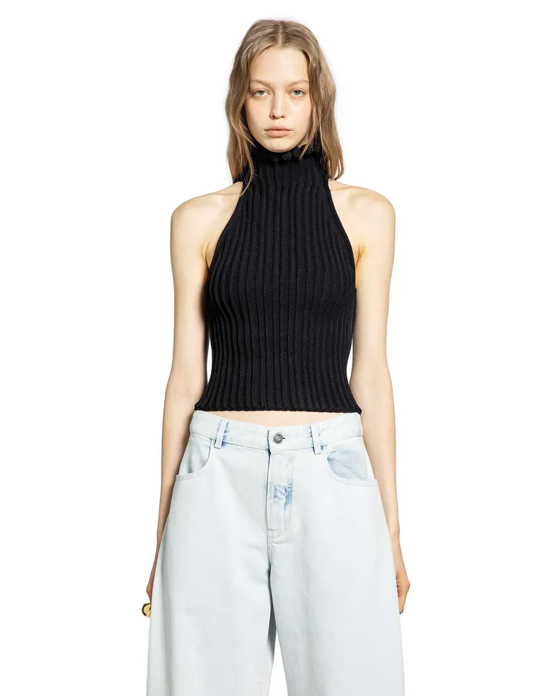 Alaïa Ribbed-Knit Halter Top with Wavy Finish Black