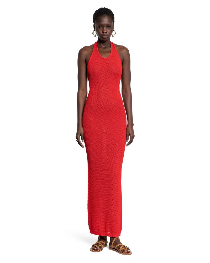 Laneus Pointelle Stitch Knit Dress Red