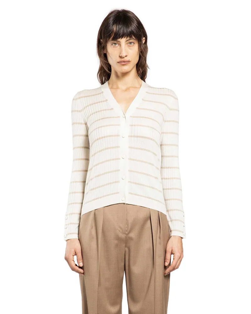 Max Mara Striped Cashmere and Silk Blend Cardigan Beige