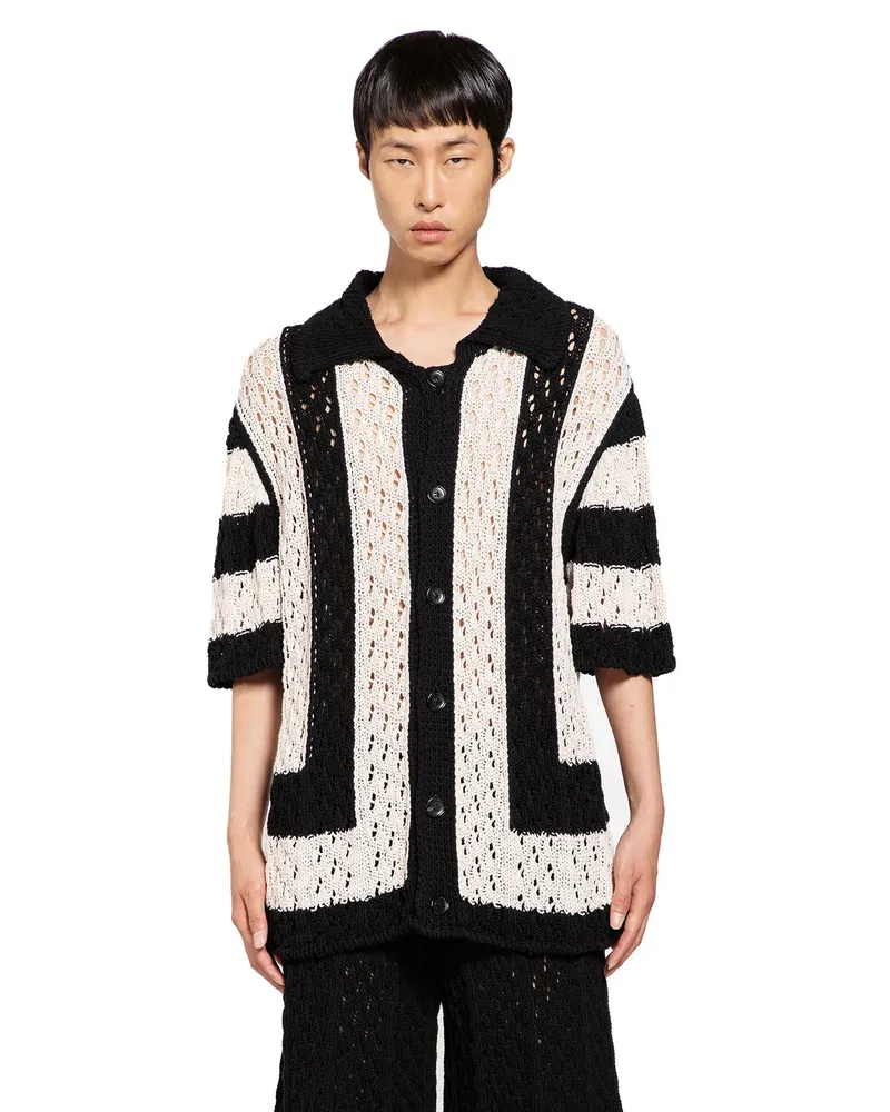 Laneus Striped Openwork Knit Bowling Shirt Black&white