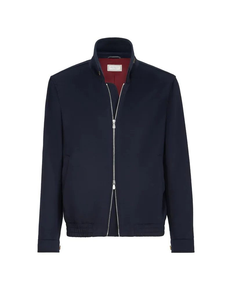 Brunello Cucinelli Virgin Wool Beaver Cloth Bomber Jacket With Zipper Blue