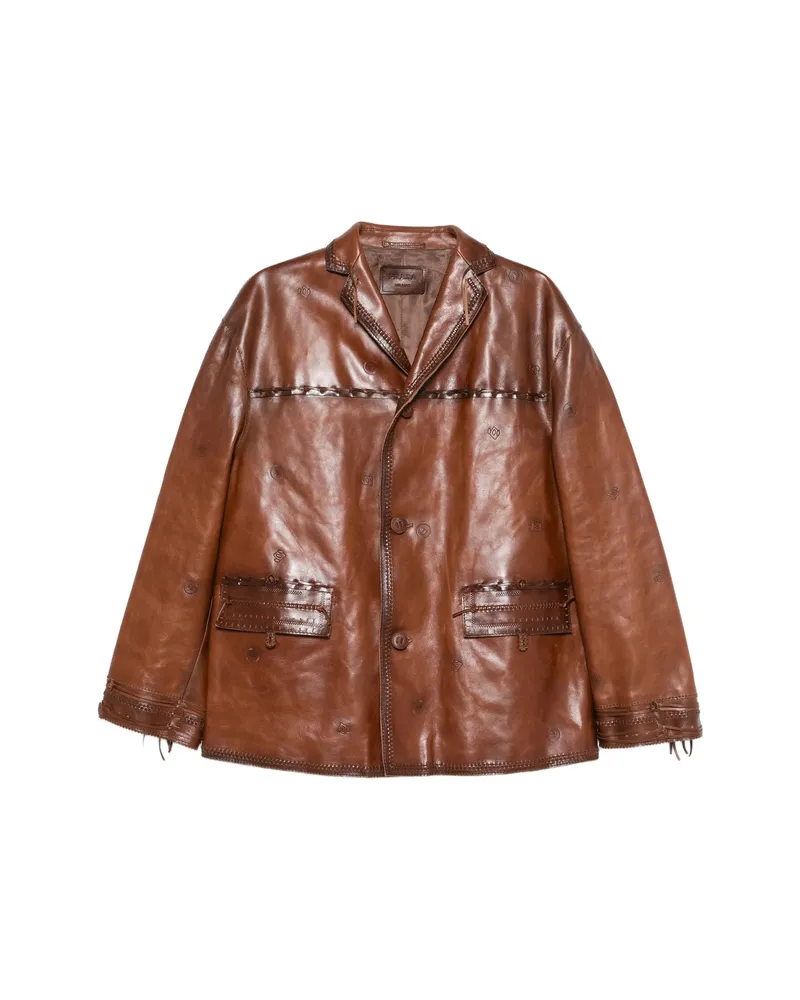Prada Braided-trim Leather Jacket Brown