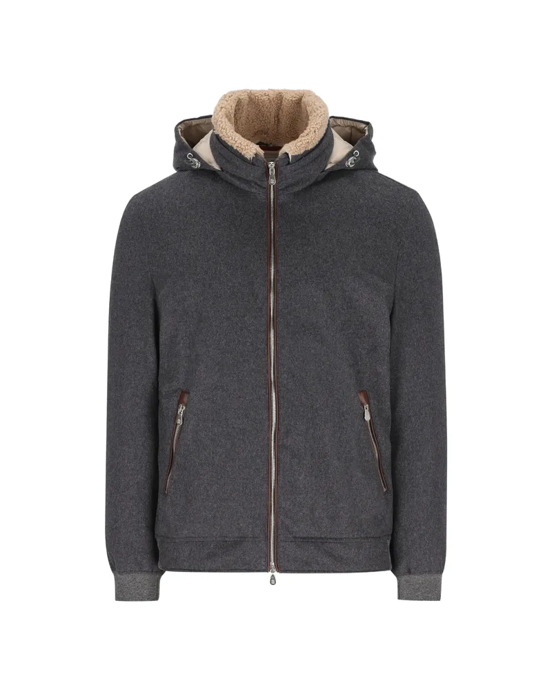 Brunello Cucinelli Bonded Wool Flannel Down Jacket With Detachable Hood Grey